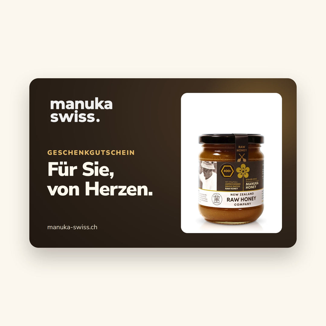 Geschenkgutschein von Manuka Swiss mit einem Glas Manuka-Honig