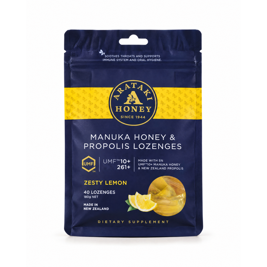 Arataki Manuka Honig und Propolis Halstäfeli, Zesty Lemon, 40 Stück