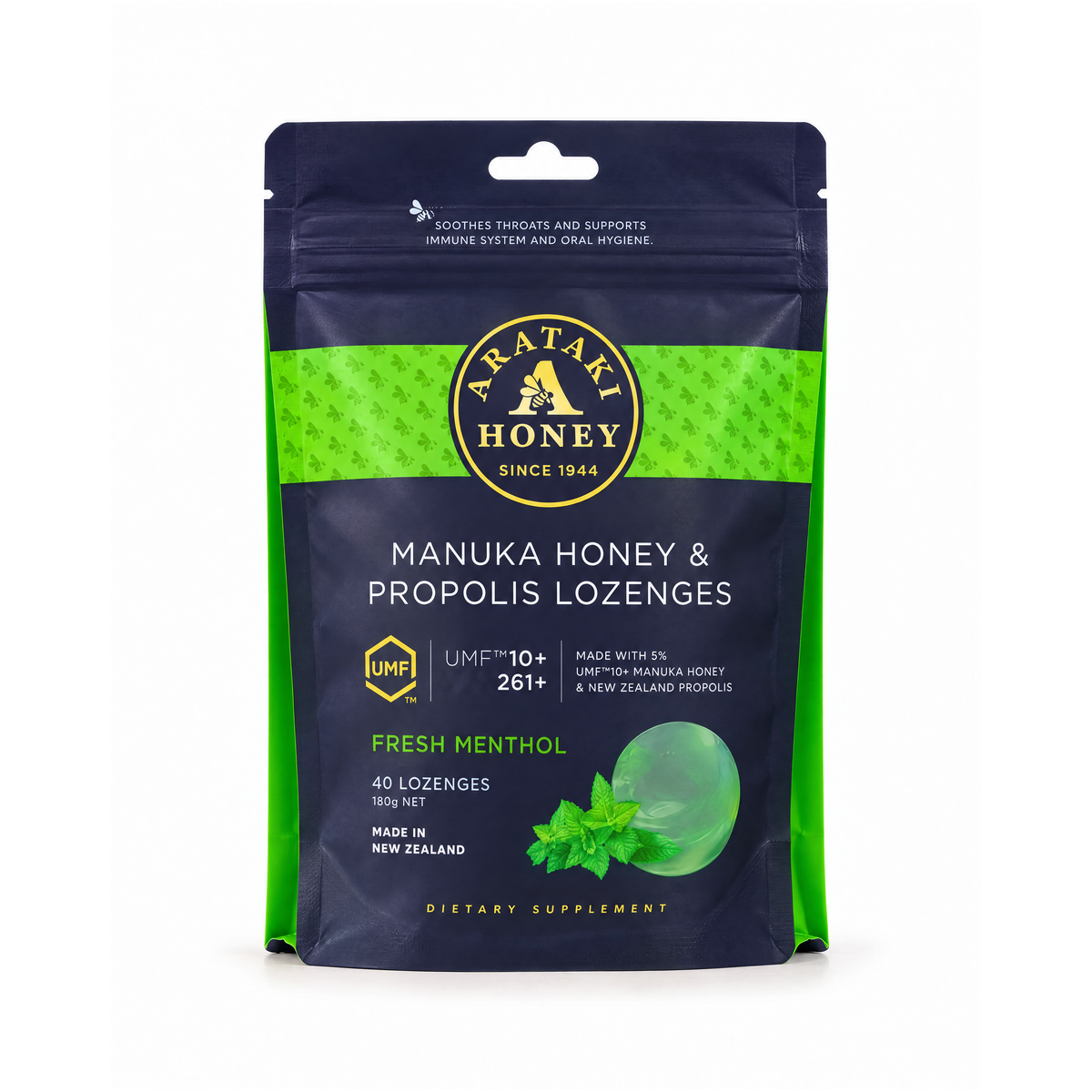 Arataki Manuka Honig und Propolis Halstäfeli, Fresh Menthol, 40 Stück